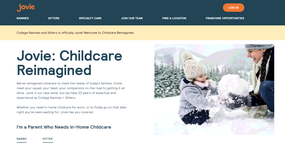 Jovie rebrand: CollegeNanniesAndSitters.com to Jovie.com